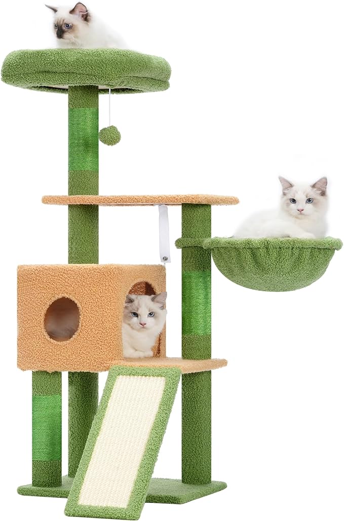 Hey-brother Cat Tree, 42.5-Inches Cat Tower for Indoor Cats, Plush Multi-Level Kitten Cat Condo with Scratching Post,Ramp, Basket, Spacious Cat Cave, Hanging Ball, Green and Yellow MPJ007SGY