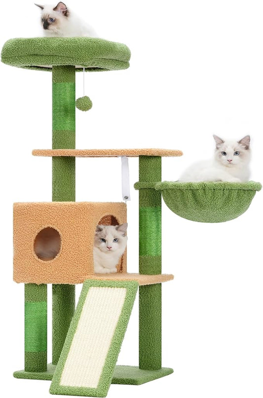 Hey-brother Cat Tree, 42.5-Inches Cat Tower for Indoor Cats, Plush Multi-Level Kitten Cat Condo with Scratching Post,Ramp, Basket, Spacious Cat Cave, Hanging Ball, Green and Yellow MPJ007SGY