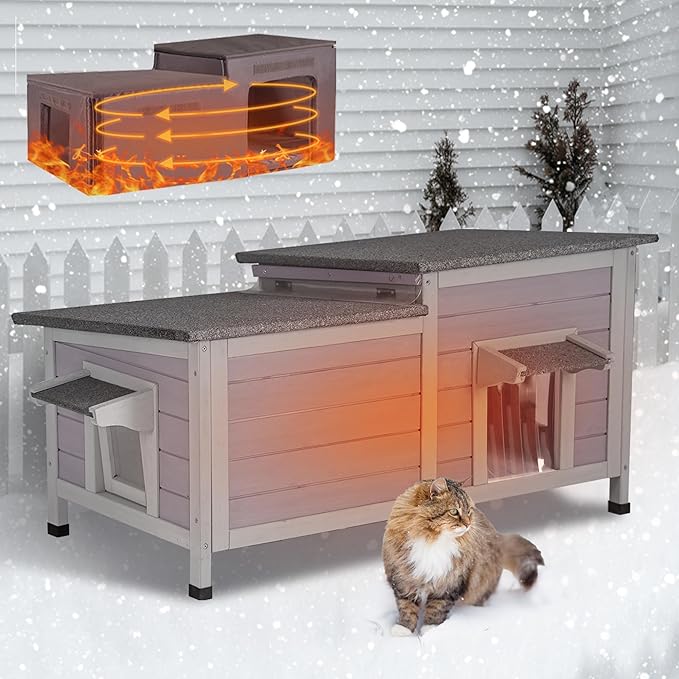 GUTINNEEN Outdoor Cat House Insulated, Dual-Cabin Feral Cat Shelter for Winter with Weatherproof Roof, Multiple Access Doors, Elevated Base