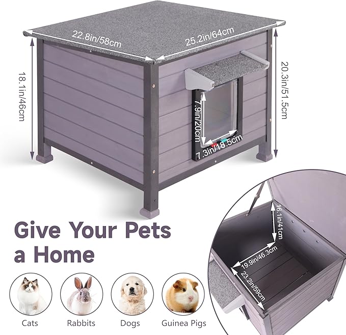 Outdoor Cat House, Feral Cat Houses Waterproof of All-Around Iron Frame, Solid Wooden Cat Shelter with Adjustable Door for Cats, Dogs and Other Small Animals