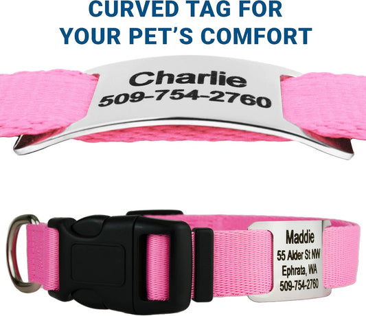 GoTags Personalized Dog Collar with Nameplate, Adjustable Dog Collar with Custom Engraved Slide On Pet ID Tag in Stainless Steel, Silent, No Noise Dog Tag for Large Medium and Small (Pink, Small)