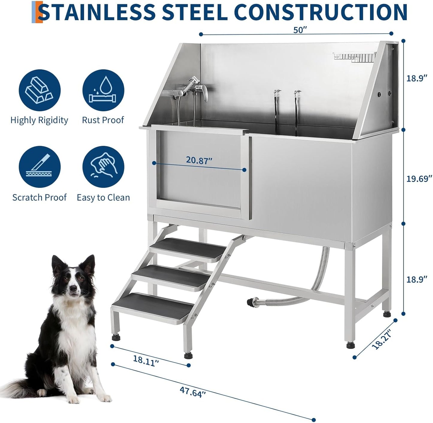 Stainless Steel Dog Washing Station - Dog Bath Tub for Large, Medium, Small Dogs, Pet Grooming Tub with Ramp, Non-Slip Grate, Shower, Soap Box, Faucet, Drain for Home & Outdoor （Left RAMP, 62"）