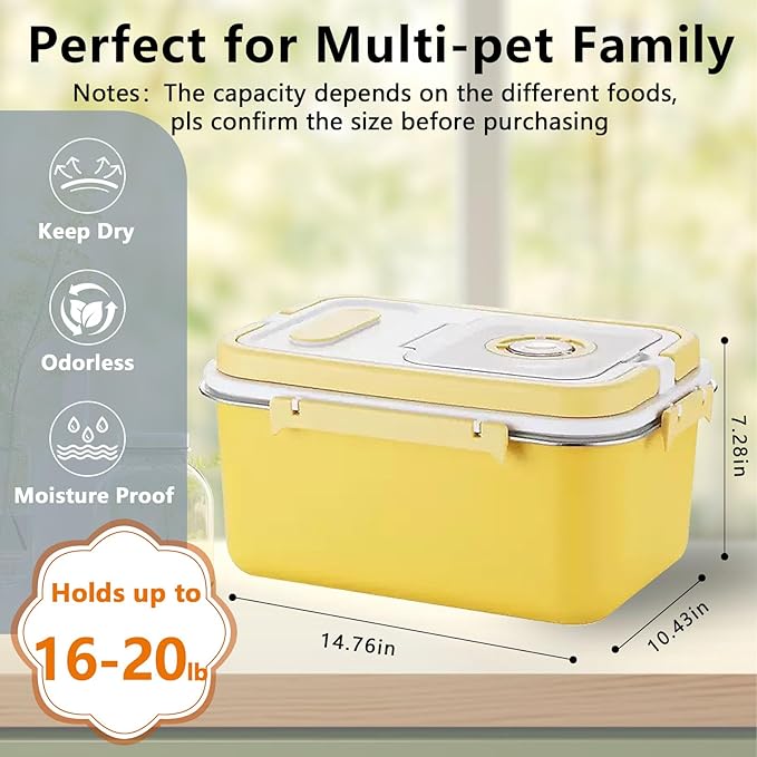 Sanbo Dog Food Storage Container Stainless Steel with Scoop, Airtight Pet Metal Food Storage Bin,Cat Food Canister,Storage Box with Date Tracker for Kitchen (Yellow, 10L)