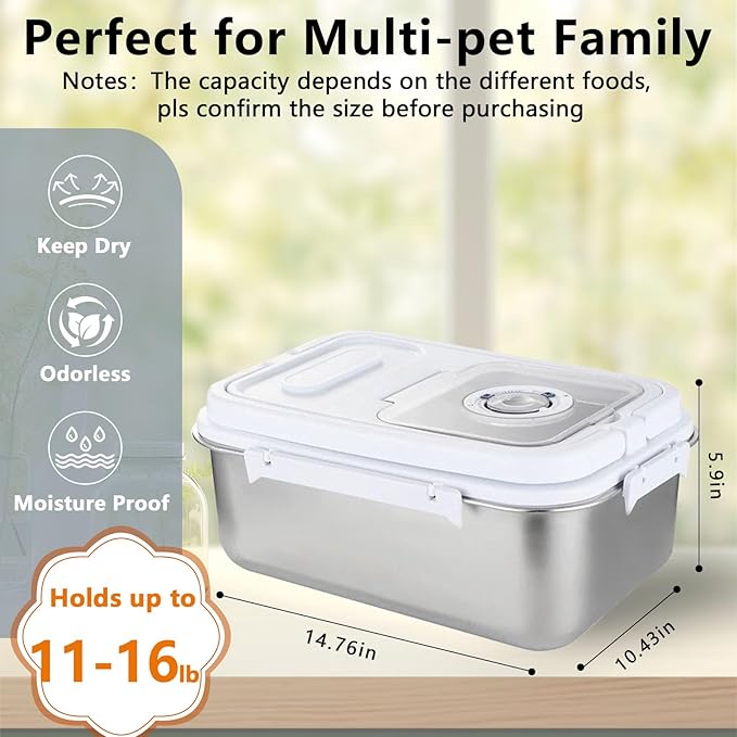 Sanbo Pet Food Storage Container 10L & 7.5L | Stainless Steel Airtight Bin with Scoop & Time Dial | Dog/Cat Food Keeper 2-Pack Sliver