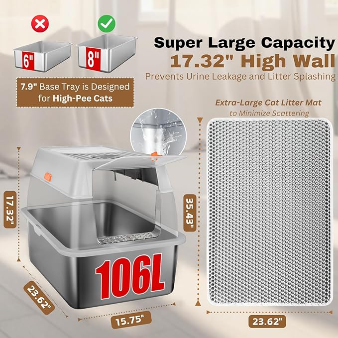 Fully Enclosed XXL Stainless Steel Litter Box with Lid, 8” Deep Pan, Large Stainless Steel Cat Litter Box for Big Cat with Scoop, Step Board, Mat, Brush, Odor-Free, Anti-Leak, Non-Stick (Light Gray)