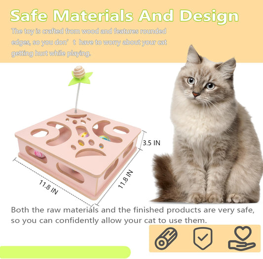 Interactive Wooden Cat Puzzle Toy Box Indoor Hunting Play Toy to Stimulate Your Cat’s Energy and Instincts (Pink)
