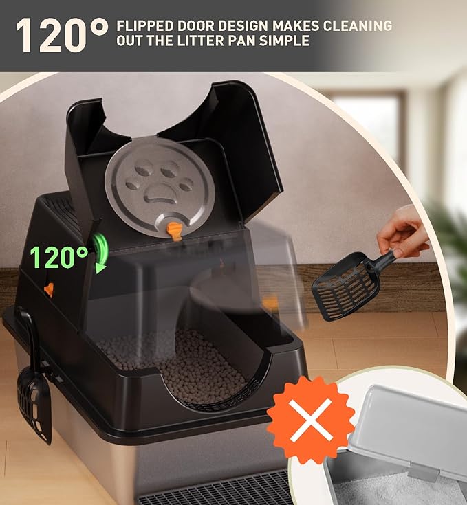 Citylife Stainless Steel Litter Box with Lid XL Large Enclosed Metal Box Anti-Leakagecat Litter Box Stainless Steel Includes Scoop, Odor Control Easy Cleaning, Black