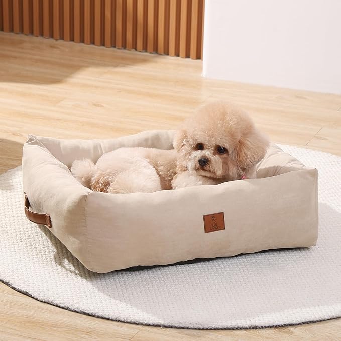 25In Dog Bed for Small Medium Sized Dogs - Washable Rectangle Puppy Bed for Indoor, Cozy Pet Bed with Support Pillow & Non-Slip Bottom(Beige, Medium)