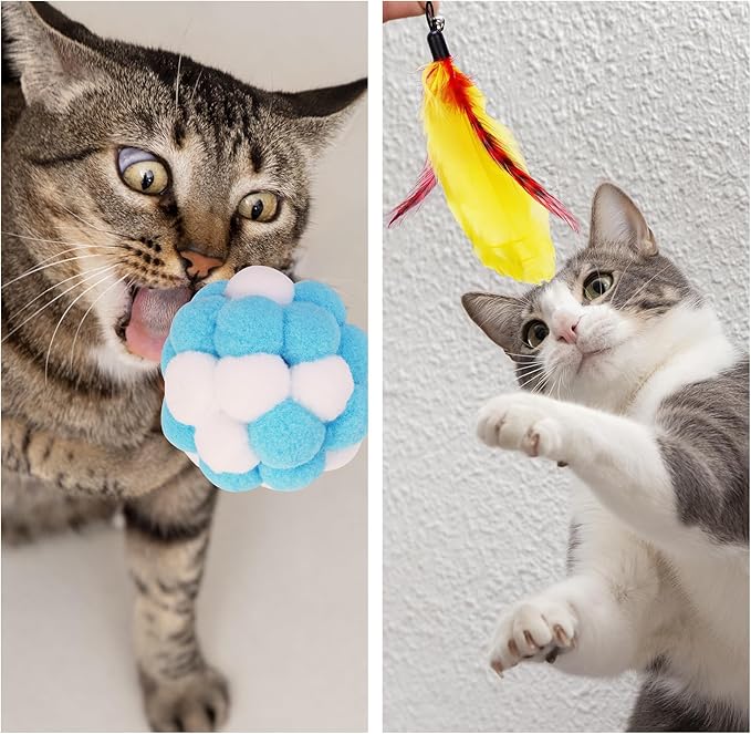 ZooZoo 14PCS Interactive Cat Feather Toy Set for Indoor Cats, Active Play Kit with Door Hanging Toy, Double-Sided Suction Cat Wand with Feathers, Mice & Fur Balls, Encourages Hunting, Jumping, Chasing