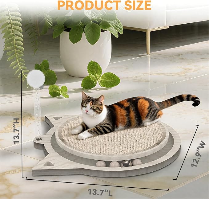 Cat Scratcher Board with Natural Sisal, Interactive Cat Track Toy with Spring Ball – Durable Kitten Scratching Pad for Indoor Cats, Kitty Wooden Cat Toy Stress Relief & Fun Exercise