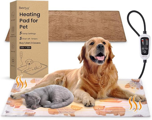 Bearhug Dog Heating Pad, Pet Heating Pad 35"×24"[Two Replaceable Cover] Adjustable Temperature Heated Cat Bed with Steel-Wrapped Cord, Waterproof and Chew-Resistant for Dogs Cats Large Animals