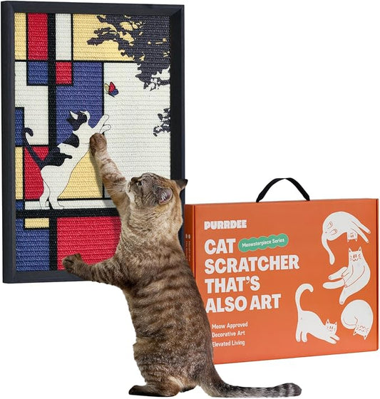 Decorative Wall Art Sisal Cat Scratcher with Vertical Mounted Setup, 14x20 Large & Durable Scratch Pad Ideal for Adult Cats with Gallery-Style Frame That Looks Like a Painting (Mondrian's Cat)