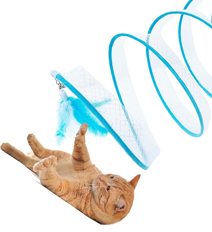 Self Play Cat Hunting Spiral Tunnel Toy, Folded Cat Spring Tunnel Toys for Indoor Cats (Blue)