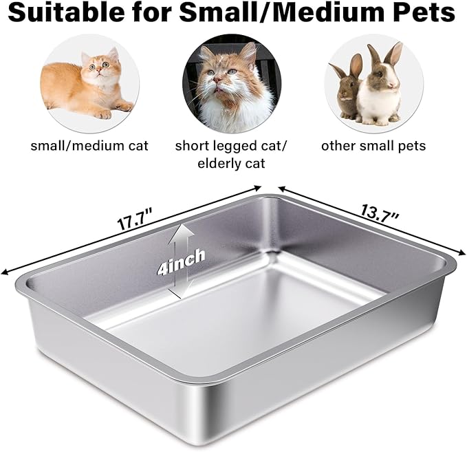 Stainless Steel Litter Box 2 Pack,Small to Medium Litter Box for Kittens 17.5" x 13.5" x 4",Easy Clean Non Stick Easy Entry No Smell Metal Litterbox for Kitty/Rabbits
