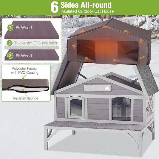 GUTINNEEN Large Outdoor Cat House Insulated Weatherproof Feral Cat Shelter with 100% Insulated Liner, Elevated Base, and Escape Doors for Cats in Winter