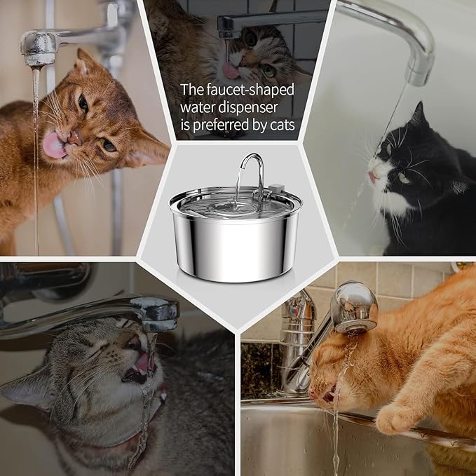 Tomxcute Cat Water Fountain Stainless Steel - 108oz/3.2L Cat Fountain for Drinking- Large Capacity Pet Water Fountain - Cat Feeding & Watering Supplies - Comes with 8 Replacement Filters