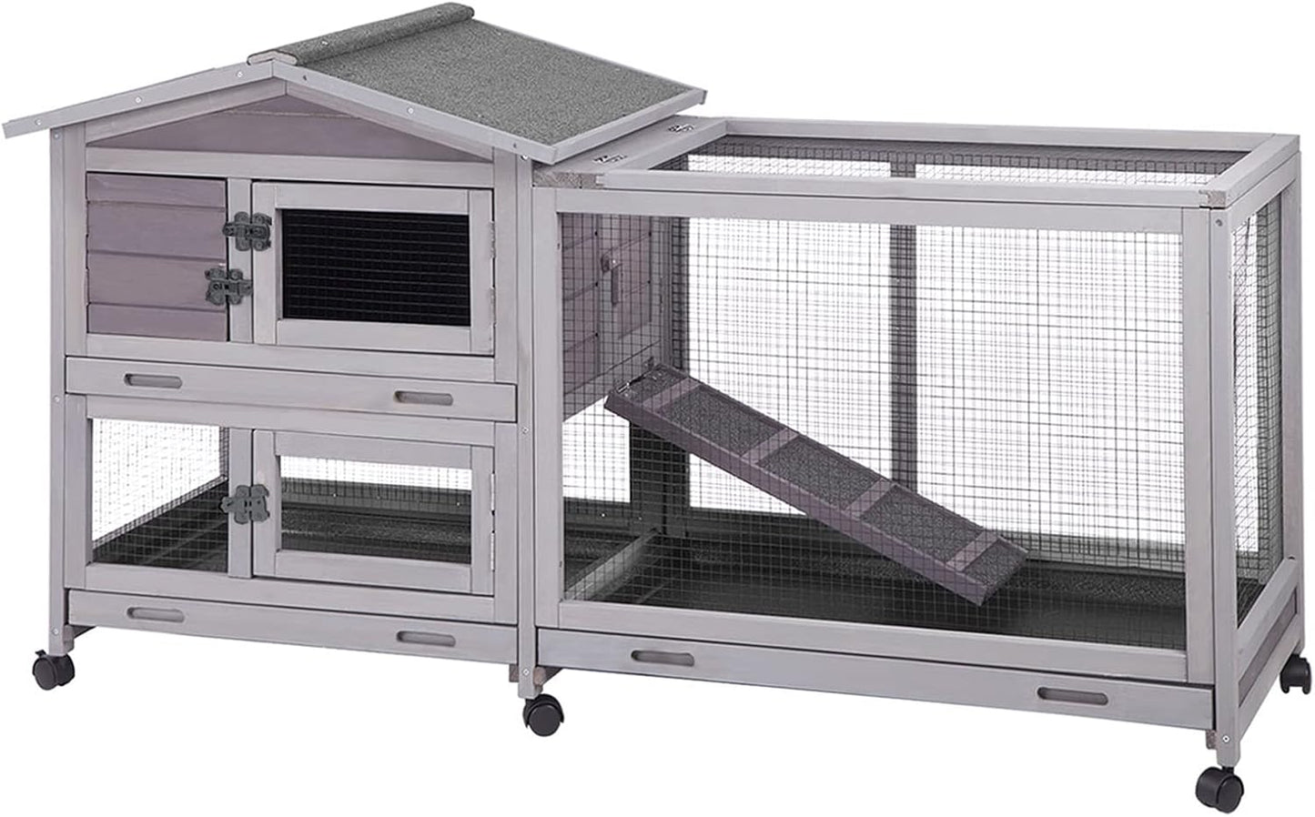 Aivituvin Rabbit Hutch Outdoor Indoor Rabbit Cage Chikcen Coop with Casters Guinea Pig Cage with 3 Deep No Leakage Pull Out Tray,Waterproof Roof