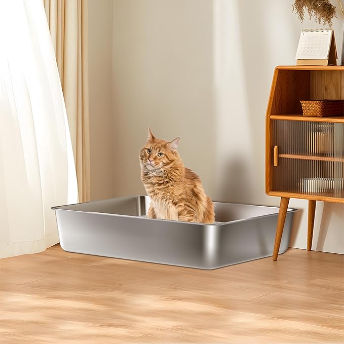 Stainless Steel Litter Box, 28" X 20" X 6" Steel Litter Box XXL No Smell, Extra Large Metal Litterbox for Big Cat, Multiple Cats, Non Stick, Easy Cleaning