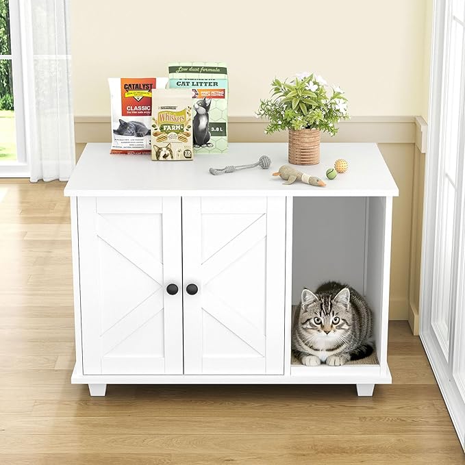 Cat Litter Box Enclosure,Wooden Cat Washroom Furniture with Barn Door, Pet House Hidden Litter Box,Litter Box Furniture Fit Most of Litter Box