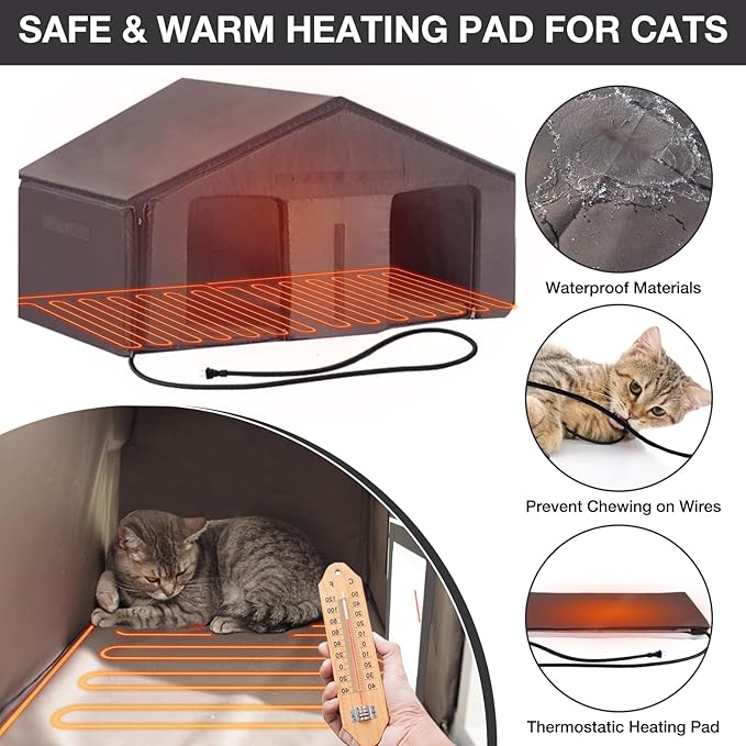 Heated Insulated Cat House Outdoor, Weatherproof Feral Cat House for Outside, Kitty Shelter with Heating Pad for Winter (Black & White,35.4" D x 31.7" W x 30.4" H)