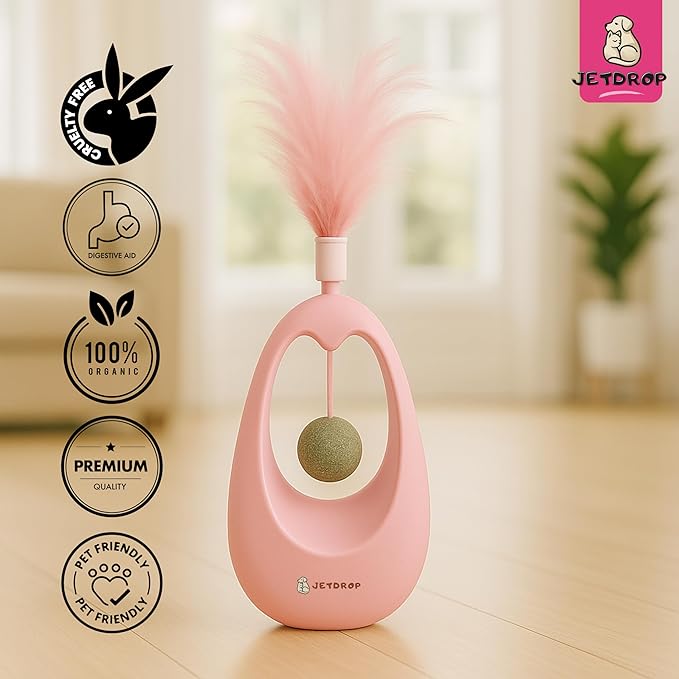 Cat Feather Toy - Interactive Self-Righting Wobble Tumbler with Catnip Ball for Indoor Cat Exercise and Entertainment - Silent Battery-Free - Perfect for Busy Owners (Pink)