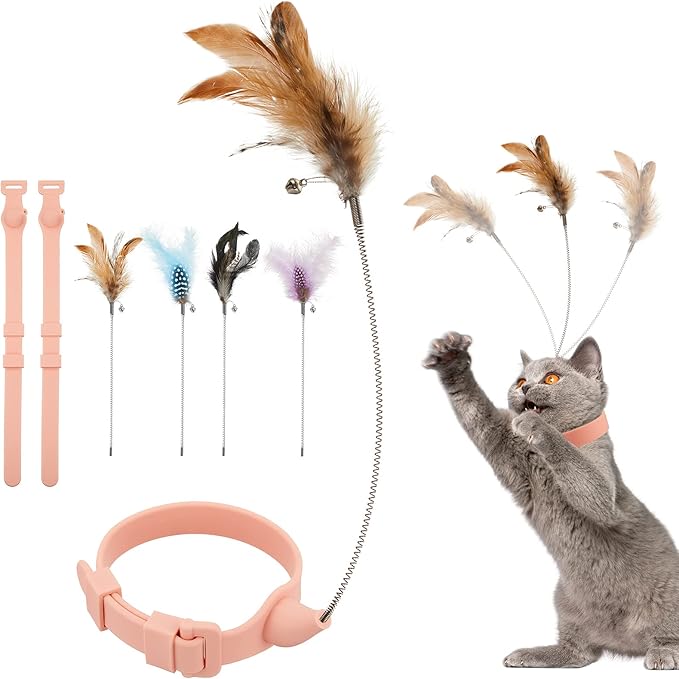 Sumind 6 Pcs Cat Collar Toy Attached with Feather Funny Interactive Cat Stick Wand Toys with Bell Adjustable Fun Kitten Teaser for Indoor Kittens and Small Animals Exercise Training