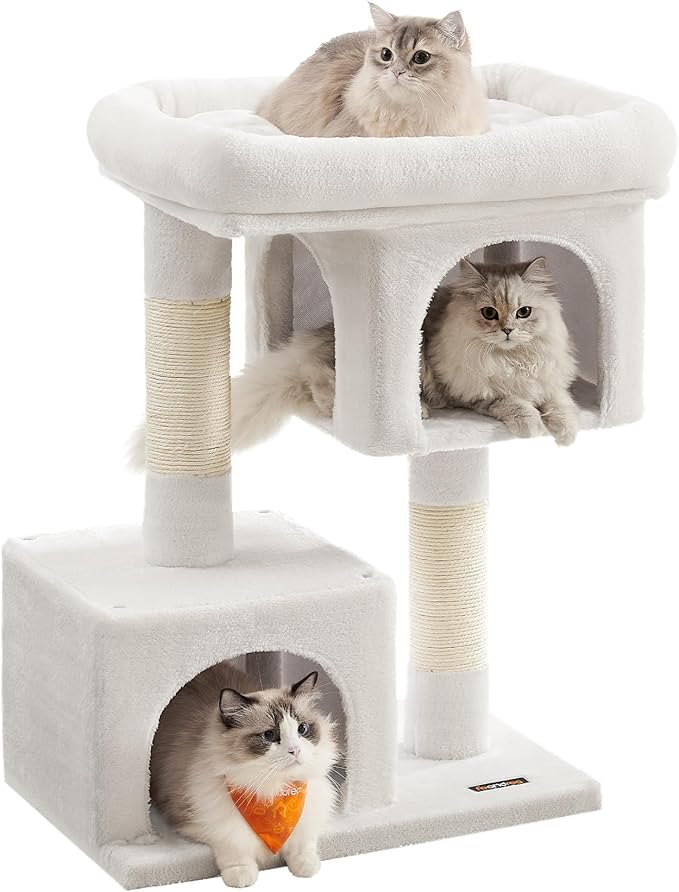 Feandrea Cat Tree, 33.1-Inch Cat Tower, L, Cat Condo for Large Cats up to 16 lb, Large Cat Perch, 2 Cat Caves, Scratching Post, Cream White UPCT061T01