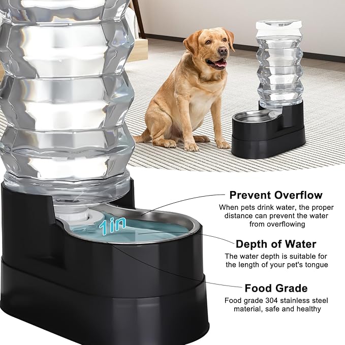 RIZZARI Upgraded Automatic Dog Water Dispenser: 9L Black Gravity Large Stainless Steel Raised Pet Fountain with Filter - Includes 2 Extra Filters & 2 Bottle Caps - Pet Feeder for Dogs Indoor Outdoor