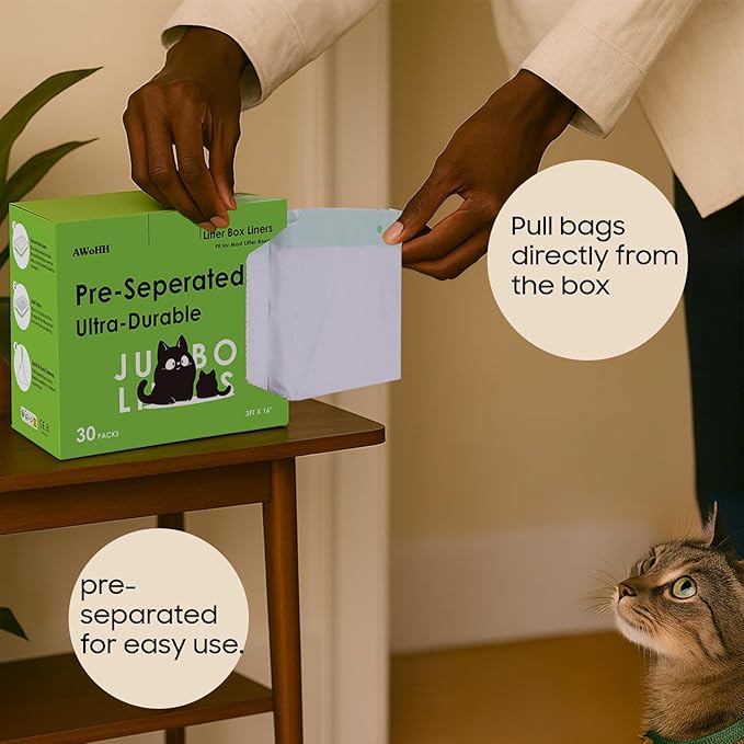 30 Count Cat Litter Box Liners, Drawstring Large/Jumbo Cat Litter Liner Bags For Litter Box, Heavy Duty Pre-Separated 36" x 16"