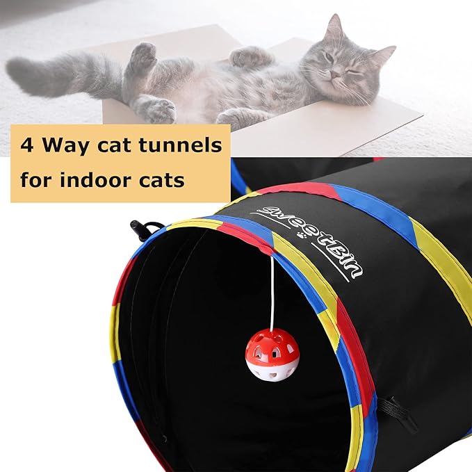 4 Way Large Cat Tunnels for Indoor Cats - 10" Diameter & 47" Long Play Tunnel Toy - Cat Tube with Play Ball & Mouse Toy - Interactive Peephole (Black)
