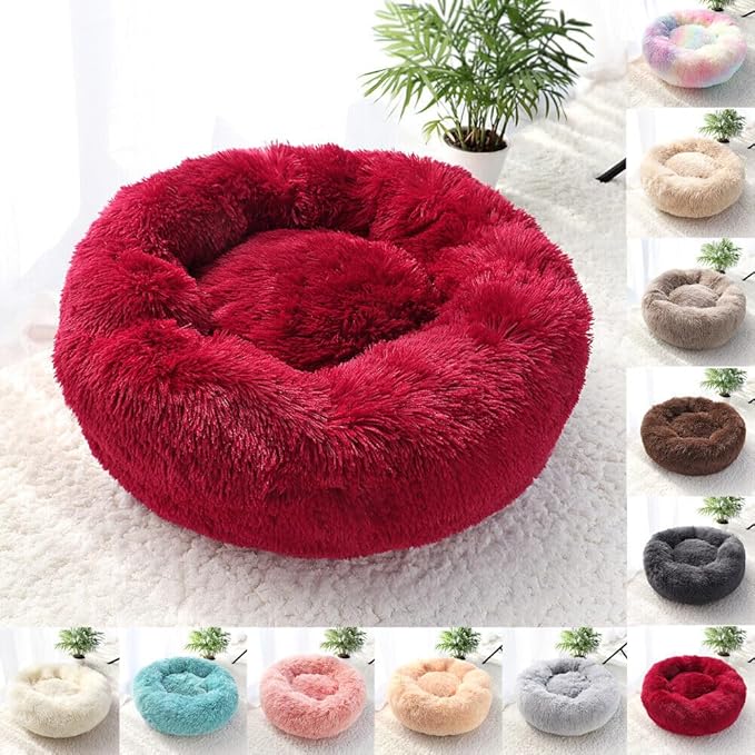 Cat Beds for Indoor Cats - Cat Bed Washable 20/24 inches, Dog Beds for Small Medium Dogs, Anti Anxiety Round Fluffy Plush Faux Fur Cat Bed, Thick Bottom (Red, Medium)