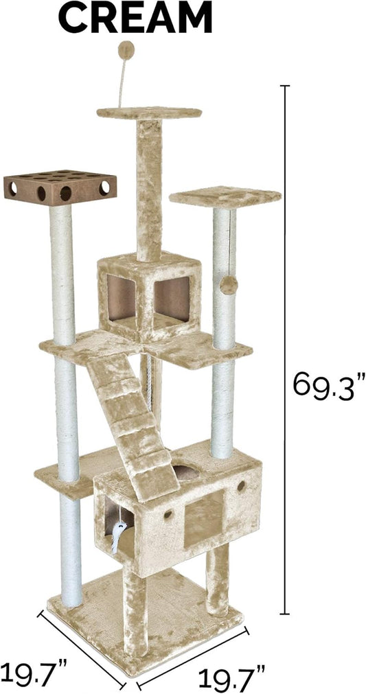 Furhaven 69.3" Tall Cat Tree for Indoor Cats, Ft. Sisal Scratching Posts, 2x Cat Condos, & Toys - Tiger Tough Double Decker Interactive Playground Tower - Cream, One Size