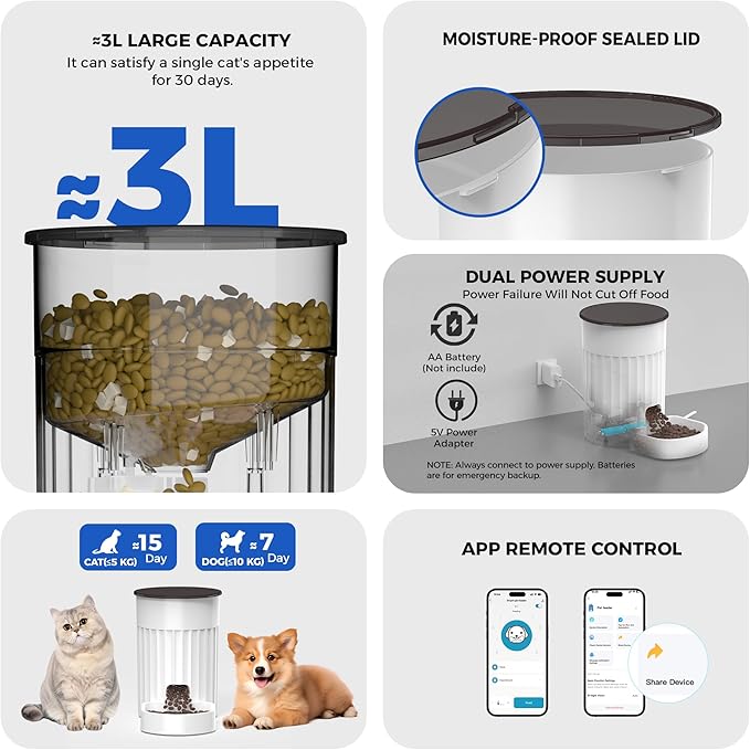 PAPIFEED Automatic Cat Feeder 3L, 2.4G WiFi Auto Pet Food Dispenser for Cats and Small Dogs, Timed Cat Feeder Programmable Portion Size with APP Control & Alexa 1-10 Meals Per Day (White)
