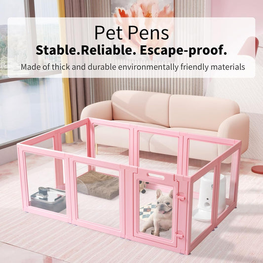 DIY Clear Acrylic Dog Playpen House,Quick Easy Assembly and Disassembly,Strong Floor Suction,Indoor and Outdoor Use,Easy Cleansing Puppy Fence (Sakura Pink, 23.6" H, 10PCS)