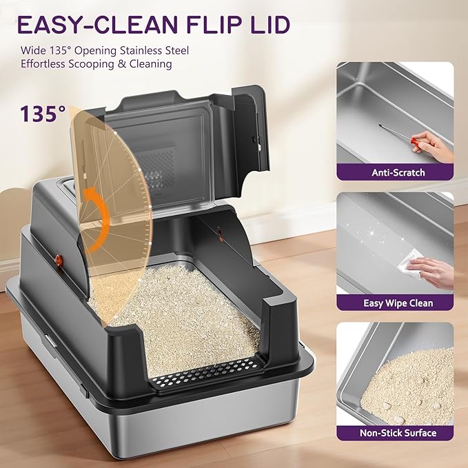 Stainless Steel Litter Box with Lid, 28" XXXL Large Cat Litter Box Enclosure for Multiple Cats, Odor Control with Carbon Filters, Anti-Leak High Sided, Includes Removable Lid & Scoop, Black