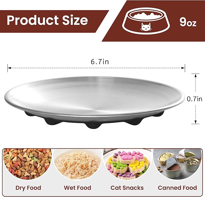 Cat Food Bowls, 6.7" Stainless Steel Whisker Fatigue Cat Plates with Non-Slip Silicone Base, Shallow Kitten Dishes for Wet & Dry Food
