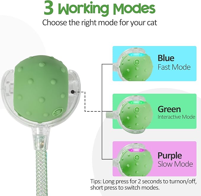 Interactive Cat Toys Ball for Indoor Cats, Automatic Moving Ball Toy with Elastic Mesh Tail, Chirping & Obstacle Avoidance and Motion Activated, Green【Rechargeable】