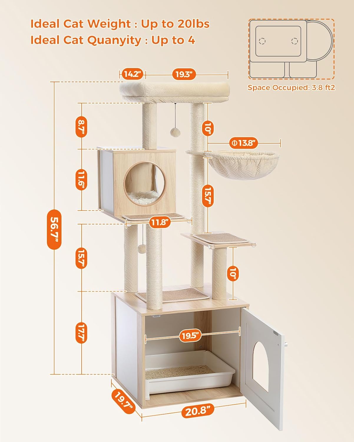Tall Cat Tree with Litter Box Enclosure 56.7" Wooden Cat Tower for Large Cats with Cat Hammock House Bed (Wood Beige)