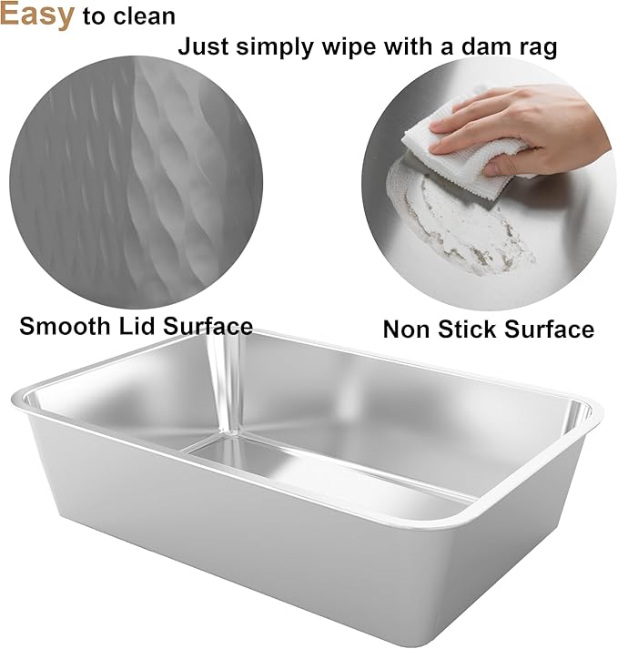Enclosed Stainless Steel Cat Litter Box with Lid Large Litter Box for Cats Metal Litter Pan Tray with High Sides Scoop & Litter Mat Inside, Non-Sticky Anti Leakage Easy Cleaning (Grey, L)