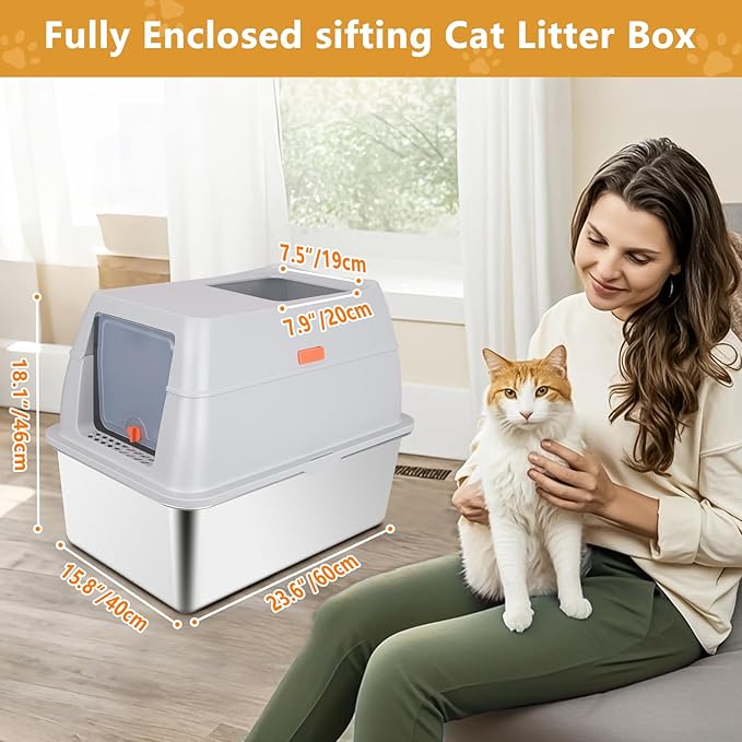 ELEGX Pine Litter Sifting Cat Litter Box, 4-in-1 Cat Metal Litter Box Set,Enclosed Removable Metal Litter Box with Screen Mesh,High Sided Enclosure,Mat & Scoop (Grey)