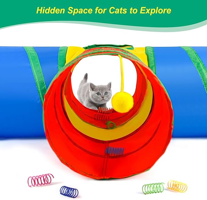 Cat Tunnel for Indoor Cats, 4 Way Large Cat Play Tunnel Tube with 12 Springs, Folded Pet Tube with Interactive Peephole, Large Rainbow Pet Tunnels for Indoor Kitten Rabbit