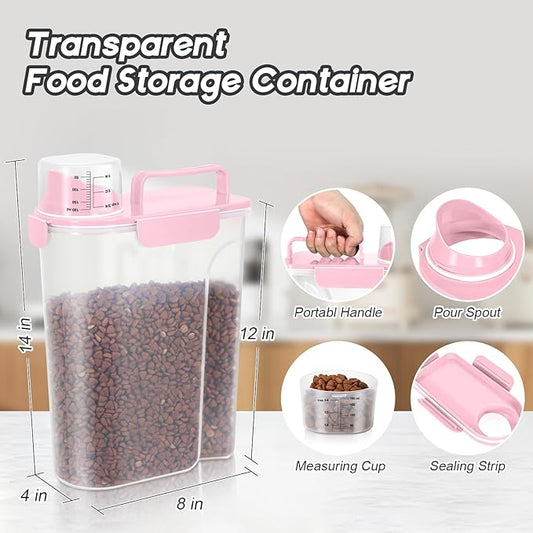 Dog Food Storage Container, Upgraded Large Nozzle BPA-free, 8-12 LBS Plastic Pet Food Storage Containers, With 4 Sealed Clasps, 1 Measuring Cup and Handle (2, Light Pink (3L+5L), (3L+5L))