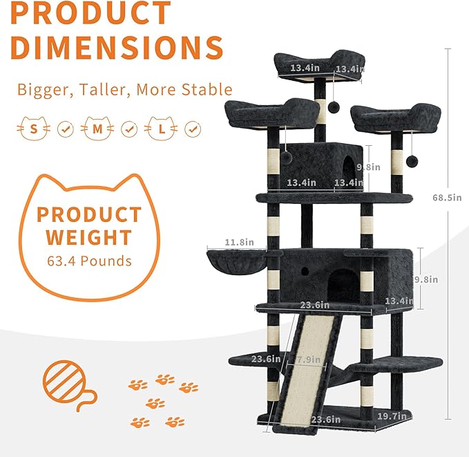 68.5 Inch Multi-Level Cat Tree, Plush Cat Tower with Condo/Sisal Scratching Posts/Hammocks/Basket/Dangling Ball/Platform, Heavy Duty Cats Tree to Play and Sleep,2601#Dark Grey
