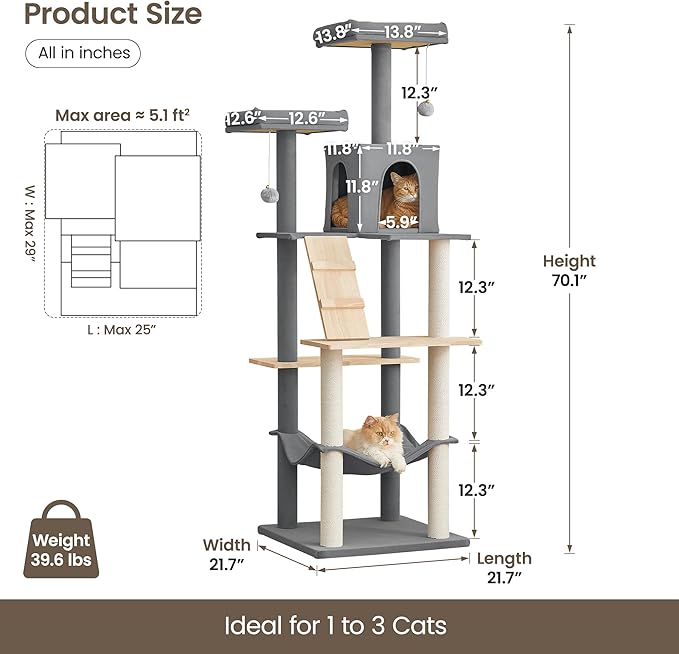 MWPO Large Modern Cat Tree, 70.1-Inch Wood Cat Tower for Indoor Cats, Multi-Level Tall Cat Condo with 2 Padded Perches, Hammock, Scratching Posts, Dangling Toys, Light Grey