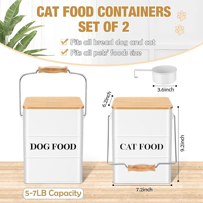 Tioncy 2 Pcs Metal Dog and Cat Food Storage Containers Big Pet Food Containers with Bamboo Lids and Spoon Airtight 5-7 Lbs Dog Cat Treat Snack Jars with DIY Labels for Kitchen Counter(White)
