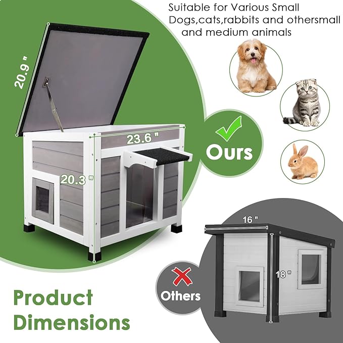 Cat House Outdoor/Indoor All-Weather Wooden Shelter with Openable Asphalt Roof for Feral Cats & Small Animals
