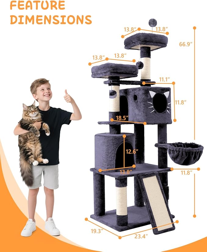 66in Multi-Level Large Cat Tree Tower for Indoor Cat/Kitties, Mordern Cat Tower with Sisal Scratching Posts, Condos and Hammock, Perches, Ramp for Climbing Heavy Duty