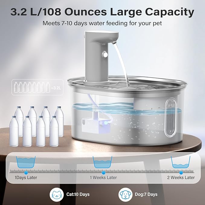 Wireless Cat Water Fountain Stainless Steel, 108oz/3.2L Cat Fountain Battery Operated, Automatic Cordless Water Fountains for Cats Indoor with Auto Shut Off Pump, Pet Water Dispenser for Cats Dogs