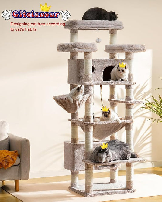 Cat Tree for Indoor Cats Large Adult, 74" Cat Tower with 3 Big Platforms, 2 Baskets, 2 Condos, Multi-Level Cat Scratching Posts, Muchroom GCT030MU