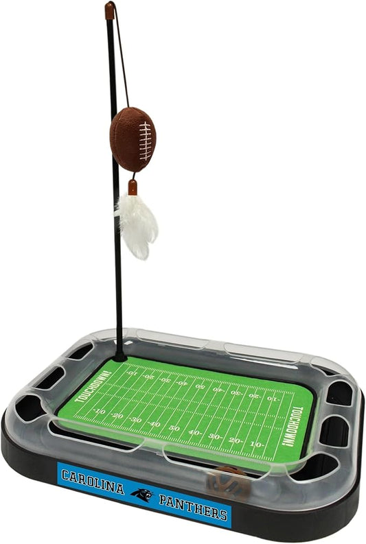 Pets First NFL Carolina Panthers Football Field Cat Scratcher & Plush Football Toy with Catnip & Feather. Interactive Jingle Bell Ball Cat Chasing Toy